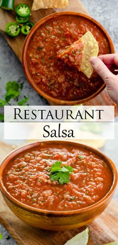 a hand dipping a tortilla chip into a bowl of salsa with the words restaurant salsa above it