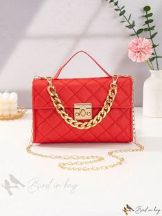 Bird in Bag - Small Flap Chain Shoulder Bag Red Square Shoulder Bag With Chain Strap, Trendy Red Bag With Chain, Trendy Square Bags With Gold Chain, Red Chain Shoulder Bag Rectangular, Red Details, Graphic Style, Type Graphic, Bird In Bag, Bag Bag