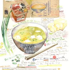 a drawing of a bowl of soup with chopsticks and other items on it