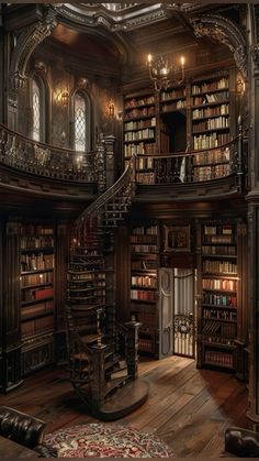 a spiral staircase in the middle of a room with bookshelves and chandeliers