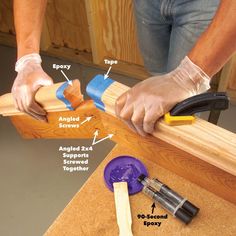 a person working with woodworking tools on a piece of plywood and some screws