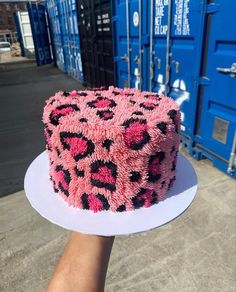 a pink and black cake sitting on top of a white plate next to blue shipping containers