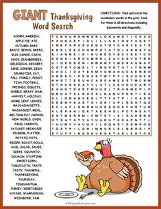 a thanksgiving word search page with a turkey on the side and words that spell it out