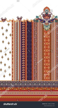 an abstract striped background with ornate ornaments and patterns in red, orange, yellow and blue colors