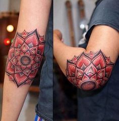 two images show the same arm and shoulder with different tattoos on them, one has a flower