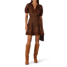 Brown. Leopard Print (100% Cotton). Hourglass. Short sleeves. V-neckline. Center back zipper closure. 35" from shoulder to hemline. Imported. Rent Dresses, Pretty Notes, Rent The Runway, Brown Leopard, Closet Designs, Ulla Johnson, Dress First, Puff Sleeve, Leopard Print