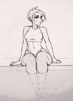 a drawing of a woman sitting on the ground with her legs crossed and one foot in the water