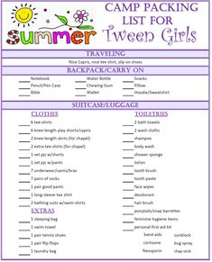 the summer camp packing list for tweee girls is shown in purple and white