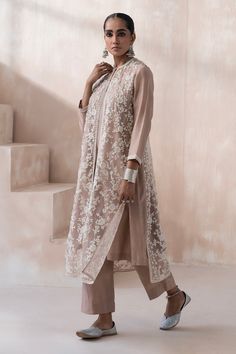 Mud ivory sheer jacket featuring floral pearl and dori embroidery all over. Paired with a kurta and a pant. - Aza Fashions Elegant Outerwear With Dupatta For Eid, Beige Long Sleeve Bandhgala With Chikankari Embroidery, Elegant Straight Kurta With Chikankari Embroidery, Elegant Outerwear With Chikankari Embroidery, Designer Long Sleeve Kurta With Lace Work, Cream Long Sleeve Bandhgala With Dupatta, Cream Bandhgala With Long Sleeves And Dupatta, Cream Bandhgala With Dupatta And Long Sleeves, Beige Long Sleeve Bandhgala With Intricate Embroidery