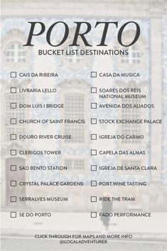 a poster with the words port to bucket list destinations in spanish and english on it