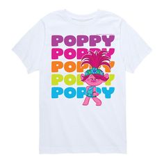 a white t - shirt with the words poppy poppop and an image of a cartoon character