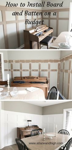 two pictures show the inside of a room with wooden paneling and white walls, one has