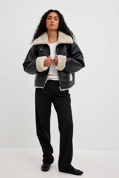 Classic Bonded Jacket Winter Leather Jacket With Contrast Collar And Long Sleeves, Trendy Winter Outerwear With Contrast Collar, Winter Black Outerwear With Contrast Collar, Aviator Leather Jacket, Buy My Clothes, Fur Jacket Women, Suede Outfit, Middle Aged Women, Faux Suede Jacket