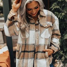 Snuggle Up In This Cozy & Thick Brushed Flannel Plaid Shacket Top * Long Sleeve * Matte Silver Tone Button Up * Button Cuff * Side Pockets * Unlined New Boutique Item *Approximate Unstretched Measurements* Small 2/4 * Bust 42" * Sleeve Length 21" * Shoulder 19" * Length 26" Medium 6/8 * Bust 44" * Sleeve Length 21" * Shoulder 20" * Length 26.5" Large 10/12 * Bust 46" * Sleeve Length 22" * Shoulder 21" * Length 27" Xl 12/14 * Bust 48" * Sleeve Length 22.5" * Shoulder 22" * Length 28" Colors: Tan Top Jean, Plaid Shacket, Trendy Street Style, Oversized Jacket, Long Sleeve Plaid, Plaid Jacket, Lingerie Romper, Black Plaid, Plaid Shirt