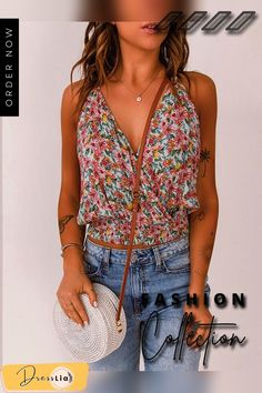 Women's Tank Tops Floral Sling V-neck Cropped Tank Top Chic Floral Print V-neck Crop Top, Trendy V-neck Tank Top For Beach, Summer V-neck Halter Top For Day Out, Trendy V-neck Tank Top For Spring, Trendy V-neck Halter Top For Vacation, Chic Floral Print V-neck Tank Top, V-neck Floral Print Tank Top For Beach, Summer V-neck Tank Top For Day Out, V-neck Tank Top For Day Out In Spring