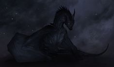 a black dragon sitting on top of a rock under a night sky filled with stars