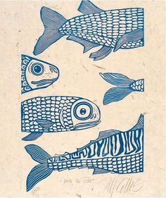 three fish are depicted in blue ink on paper