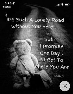 a teddy bear sitting on the side of a road next to a sign that says it's such a lonely road without you here