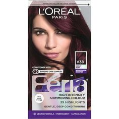 L'Oral Paris Feria Shimmering Permanent Hair Color is a multi-faceted, shimmering color that gives you vibrant, healthy-looking hair. The NEW Bonding Care Complex Conditioner helps repair the strength of weak hair bonds, keeping hair strong and healthy-looking for multi-dimensional color vibrancy. Feria's prismatic color spectrum is custom-blended by L'Oral Paris expert colorists for bold, head-turning hair color shades. This hair color comes in shade V38 Violet Noir (Intense Deep Violet). It is Loreal Paris Feria, Violet Hair Colors, Miami Club, Weak Hair, Violet Hair, Stronger Hair, Dimensional Color, Hair Color Shades, Saloon Hair