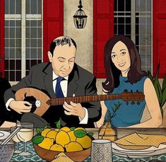 a painting of two people sitting at a table playing the guitar