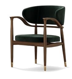 an upholstered green chair with wooden arms