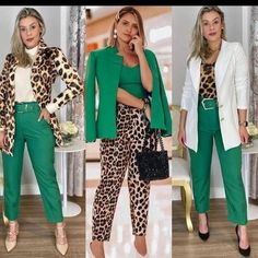 Green And Leopard Outfit, Green Pants Outfit Work, Colour Combinations Fashion, Look Office, Looks Pinterest, Color Combinations For Clothes, Stylish Work Outfits