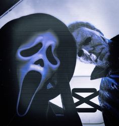 a man in a black jacket with a blue mask on his face next to an image of a ghost