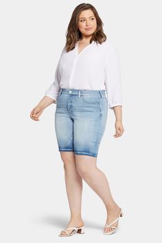 Bask in the sunshine and the compliments you’ll receive in NYDJ’s Briella 11 Inch Denim Shorts in Plus Size. A longer inseam gives you the perfect amount of comfort and coverage for active days. This slimming short features our signature Lift Tuck® Technology for a trimmer figure and sleek profile. Right-size, classic five-pocket styling flatters your curves. Features a zip fly with button closure. New Wave is a vintage-inspired light stone wash with tacking along the waistband and fly, whiskers Inner Thigh, Petite Outfits, Earth Friendly, Bottom Clothes, Soft Hand, The Sunshine, New Wave, Jeans Shop, Plus Clothing