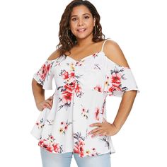 Plus Size Floral Print Open Shoulder Blouse - Milk White - 3779843425 - Women's Clothing  #WomensClothing #Women's #Clothing Plus Size Outfits For Summer, Rosegal Plus Size, Half Sleeve Women, Printed Chiffon Tops, Blouse Size Chart, Open Shoulder Blouse, Elegant Blouses, Trendy Plus Size Clothing, Sweetheart Neck