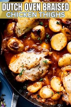 a skillet filled with chicken thighs and potatoes