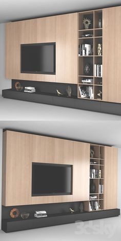 two wall mounted entertainment centers with built - in bookshelves