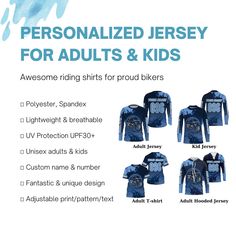 Specially designed for proud bikers. Let's wear this awesome jersey shirt and be bold. PERSONALIZED RIDING JERSEY: This super cool shirt is exactly what all bikers are looking for. Add your name/number to make it a unique one that bears your own imprints. UPF 30+ SPF PROTECTION: Be confident on your ride with this protective jersey from harmful UVA/UVB rays. UNISEX ADULTS & KIDS: Our riding jerseys are all ideal for men, women & youth bikers. Check the size chart to find your fitted size. COMFOR Customizable Fitted Blue T-shirt, Fitted Blue Customizable T-shirt, Fitted Customizable Blue T-shirt, Blue Dirt Bike, Racing Jersey, Women Motorcycle, Motocross Riders, Riding Shirts, Motocross Racing