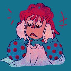 a drawing of a woman with red hair and polka dots on her hands, covering her ears