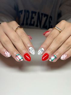 Red Holiday Nails, Xmas Nails, Solid Red, White And Red, Holiday Nails, Black Bow, Ring Finger, Almond Nails, Winter Nails