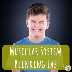 a young boy smiling with the words muscular system blinking lab in front of him