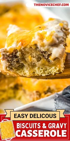 Biscuits and gravy casserole is made with tender biscuits, rich gravy, sausage, and melted cheddar! You'll love this quick breakfast casserole recipe!