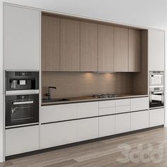 a modern kitchen with white cabinets and wood flooring is pictured in this image, there are two ovens on the wall