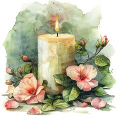 a painting of a lit candle surrounded by flowers