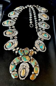 DISPLAY XXL Blue Boulder Turquoise Squash Blossom Necklace Pendant Navajo 15451 | eBay Naja Necklace, Antique Turquoise Jewelry, Vintage Navajo Jewelry, Taos Art, Real Turquoise Jewelry, Chunky Turquoise Necklace, Vintage Turquoise Jewelry, Beautiful Baubles, Turquoise Squash Blossom