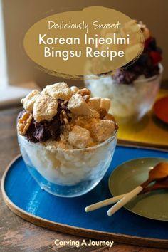 In English, you can translate ‘injeolmi bingsu’ (인절미 빙수) to ‘sweet rice cake shaved ice.’ You make this shaved ice base using milk, condensed milk, and/or water. For this injeolmi bingsu recipe, I top my Korean shaved ice with sweetened condensed milk, roasted soybean powder, nuts, homemade sweetened red bean paste, and homemade injeolmi! I hope you enjoy making this delicious Korean dessert recipe! This dessert is both deliciously sweet and savory! Injeolmi Bingsu, Bingsu Recipe, Korean Shaved Ice, Sweet Rice Cake, Gochujang Recipe, Roasted Soybeans, Korean Dessert, Sweet Rice, Korean Cooking