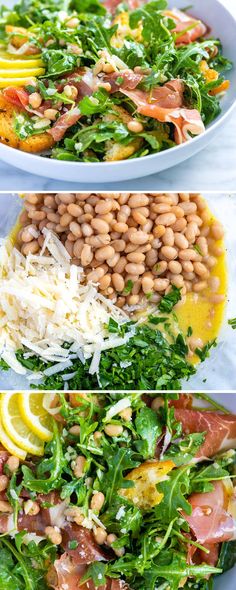 two pictures of different types of salads with beans and greens in them, one has lemon wedges on the side