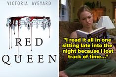 a woman sitting on top of a couch next to a book with the title red queen