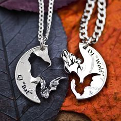 One side is a wolf and the other side is a bat. These couples necklaces are cut from the same coin and fit together perfectly. All of our work is cut by hand very very carefully!! The inside details of the wolf and bat as well as the names are engraved deeply into the coin.We now have new real silver quarters that are new and in mint condition! These are specialty coins that the mint has made for collectors that have never been in circulation. Our art is really enhanced by using these beautiful Best Friends Jewelry, Couples Necklaces, Friends Jewelry, Silver Quarters, Friend Jewelry, Best Friend Jewelry, Couple Necklaces, A Wolf, Pet Necklace