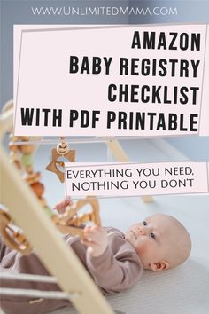 a baby laying on top of a bed with the words amazon baby registry checklist with pdf printable