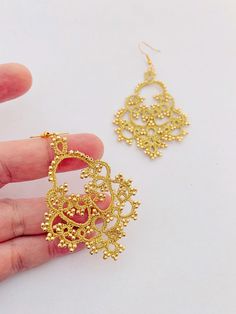 These lovely gold chandelier earrings are just one of the options that you can choose from the drop-down list. Such delicate lace in almost any color (even NEON) can be your ace in the sleeve for your next video conference or zoom meeting. They are a statement, and they are beautiful!   If there is a color that you need that is specific and unusual, please get in touch with me first to find the solution.  GET FREE UPGRADED SHIPPING ON ORDERS OVER $110! Each piece of Monarch lace jewelry is uniqu Monarch Jewelry, Tatted Earrings, Gold Chandelier Earrings, Zoom Meeting, Earrings Art, Lace Earrings, Lace Jewelry, Gold Chandelier, Handmade Jewelry Gift