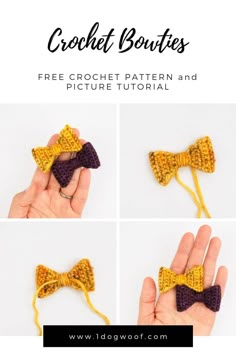 the crochet bow tie is shown in four different stages to make it look like an