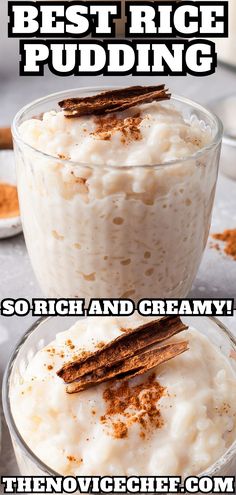 rice pudding in a glass bowl with cinnamon sticks sticking out of the top and bottom