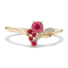 Beautiful and unique  this natural gemstone ring is crafted in warm 14-karat yellow gold. It features cascading rubies for a vibrant pop of color and sparkling diamond accents. Ruby With Diamond Ring, Yellow Gold Ruby Ring With Diamond Accents, Diamond Cluster Ring With Gemstone Accents In Yellow Gold, Yellow Gold Diamond Cluster Ring With Gemstone Accents, Fine Jewelry Yellow Gold Diamond Ring With Lab-created Ruby, Yellow Gold Diamond Ring With Lab-created Ruby, 14k Yellow Gold Ruby Ring With Gemstone Accents, Yellow Gold Ruby Cluster Ring With Multi-stone, Yellow Gold Ruby Cluster Ring With Diamond Accents