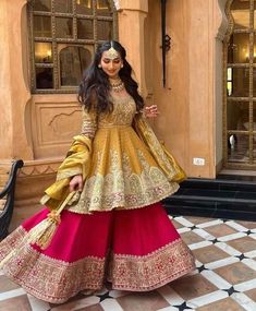 Women's Fashion Traditional Dress, Long Ground Dress, Mehndi Outfit Sisters, Colorful Pakistani Dresses, Mehndi Gharara Pakistani Bridal, Sharara Suit For Bride, Mehendi Lehenga Pakistani, Bride Suit Wedding Indian, Peplum Wedding Dress Indian