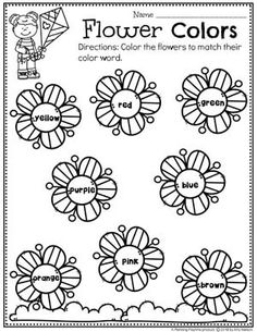 the flower colors worksheet for kids to learn how to read and color flowers